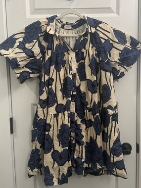 AUREUM Navy Floral Cream Button-Front Babydoll Dress